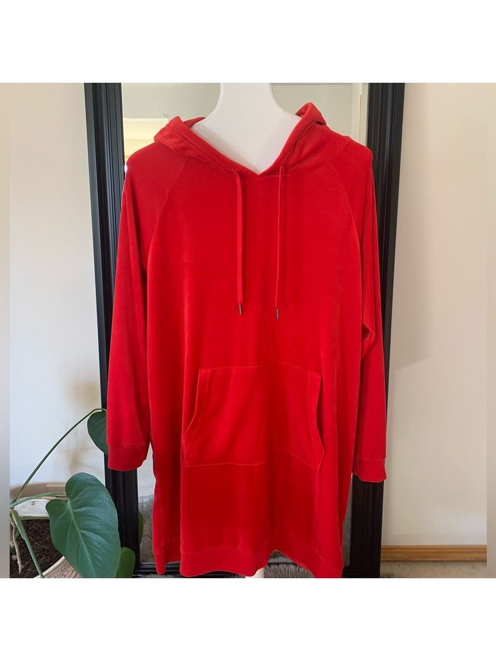 Red Soft Velour Long Sleeve Hoodie Tunic Dress
